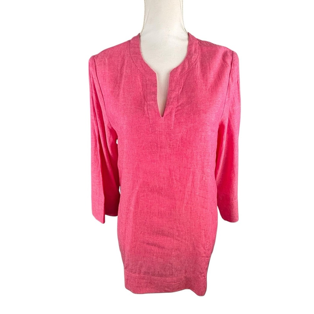 Lands End Womens Tunic Top Pink Linen Blend Split Neck 3/4 Sleeve  Pockets Small